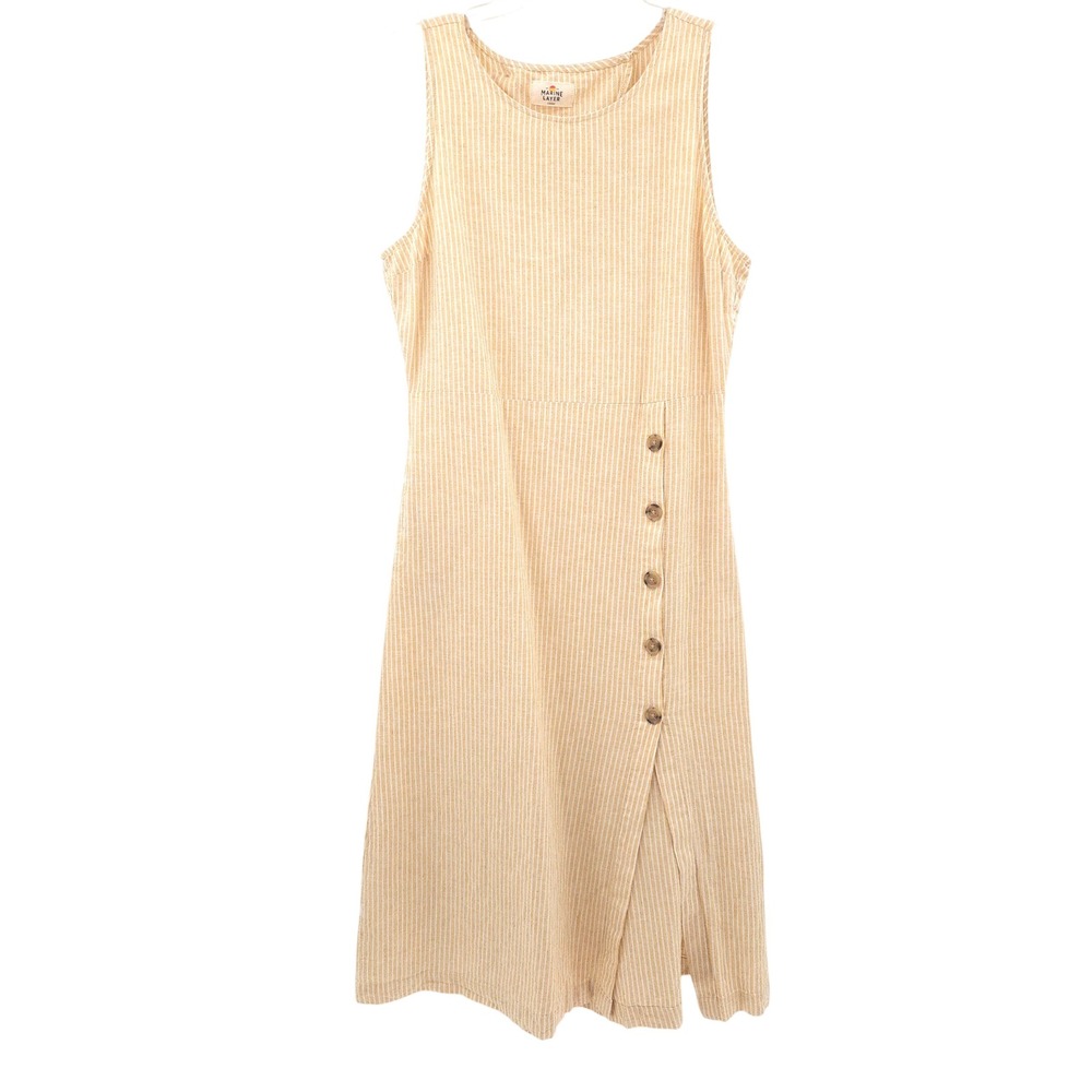 Marine Layer Tenley Midi Dress Womens Large Yellow Striped Linen Blend Open Back